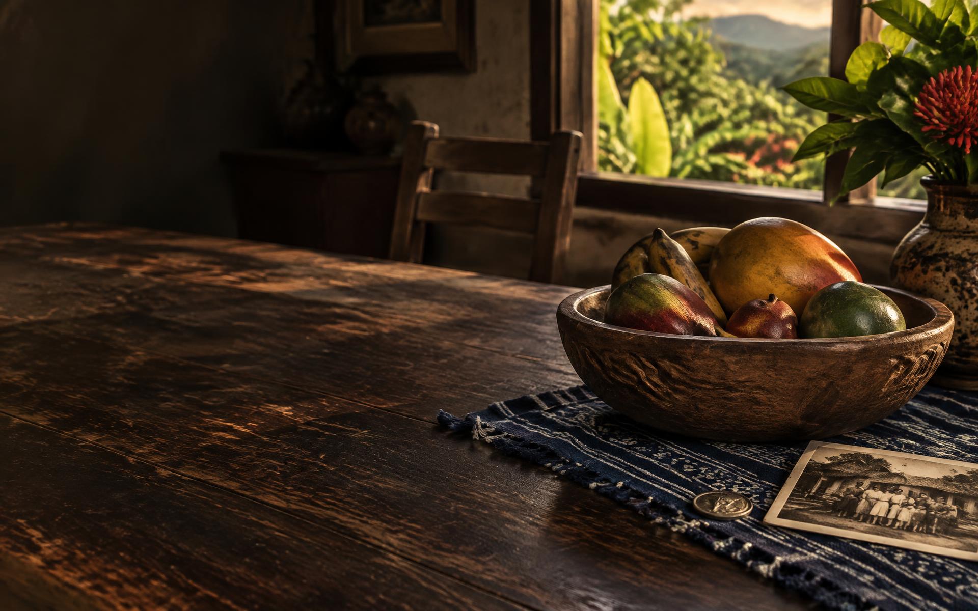 Carved bowl of painted fruit beside an old family photograph in a Honduran home